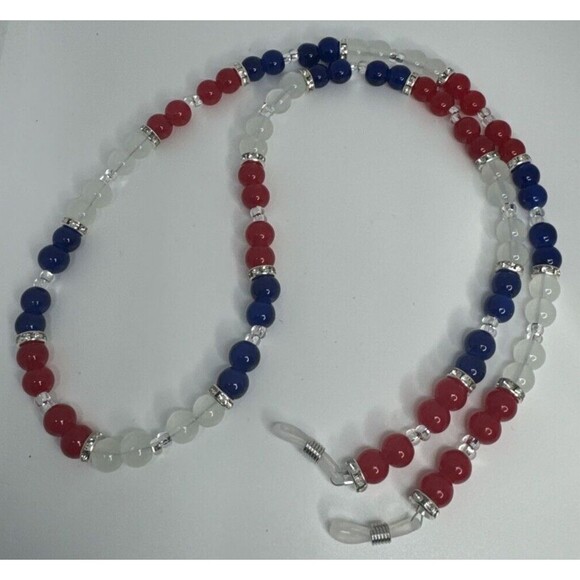 27" Eyeglass Chain Bracelet Earring Set Red White Blue Glass Beads Handmade - Picture 4 of 12